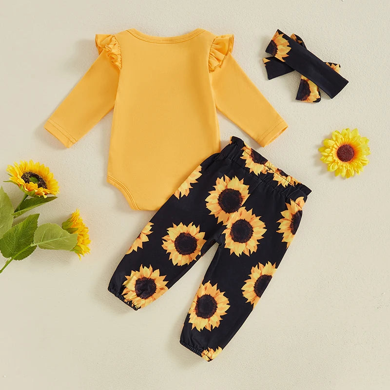 Baby Girls 3Pcs Auntie Is My Bestie Outfit Letter Print Long Sleeve Romper and Elastic Waist Sunflower Print Pants Headband Set