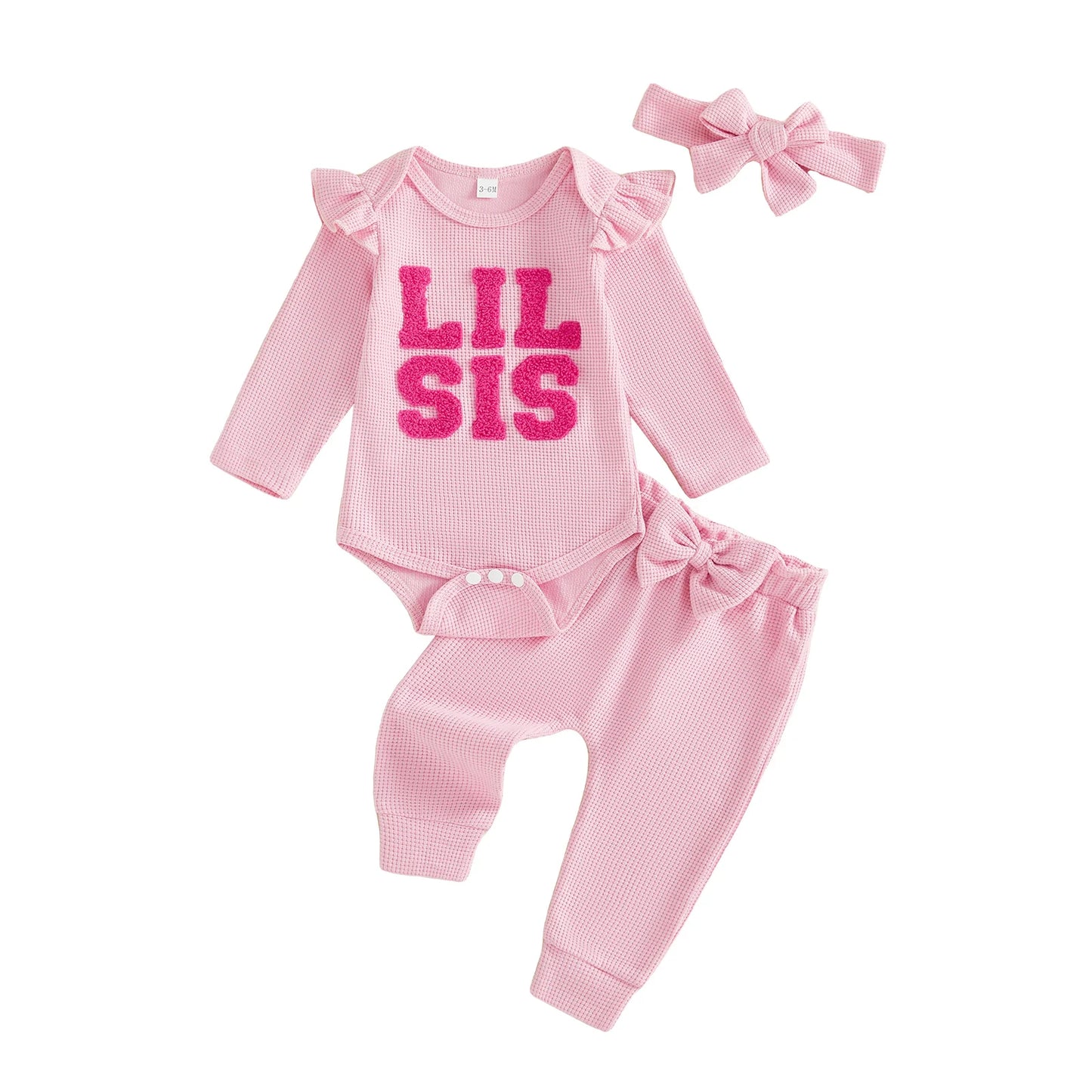 Baby Girl 3Pcs Lil Sis Outfit Waffle Letter Embroidered Crew Neck Long Sleeve Romper Jogger Pants and Headband 3 Pcs Set