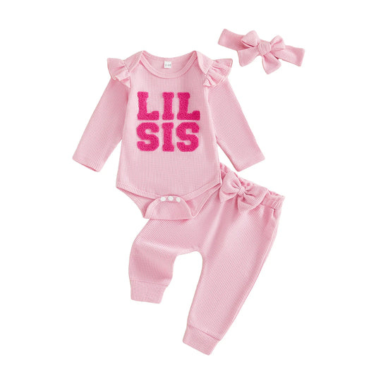 Baby Girl 3Pcs Lil Sis Outfit Waffle Letter Embroidered Crew Neck Long Sleeve Romper Jogger Pants and Headband 3 Pcs Set