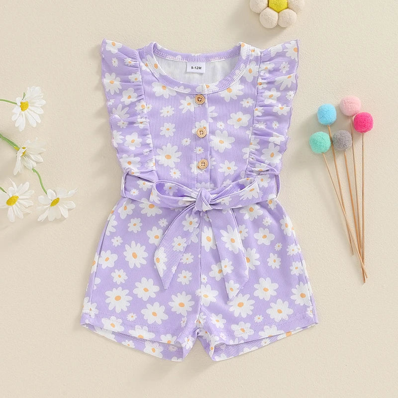 Baby Toddler Girls Summer Jumpsuit Ruffle Sleeveless Round Neck Floral Flower Print Belted Romper Shorts Playsuit