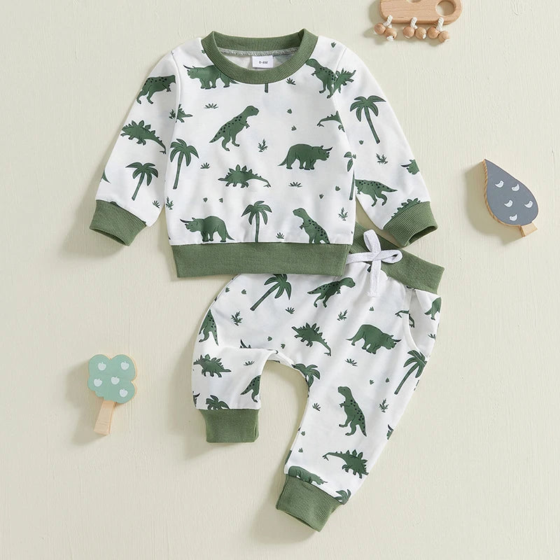 Baby Toddler Boys 2Pcs Outfit Long Sleeve Dinosaur Print Crewneck Top Drawstring Pants Jogger Set