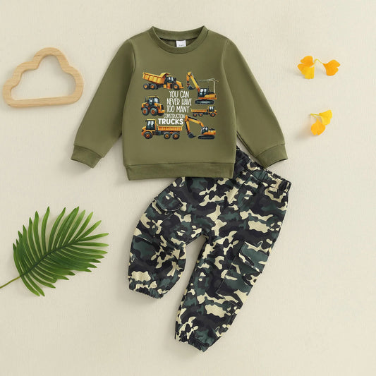 Toddler Kids Boys 2Pcs Sets Long Sleeve O Neck Truck Excavator Construction Print Top Camouflage Pants Jogger Sets