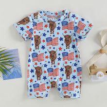 Load image into Gallery viewer, Kid Girl Boy Romper Ribbed Summer Short Sleeve Round Neck Bull / Plaid / Balloon / Fireworks Print Jumpsuit
