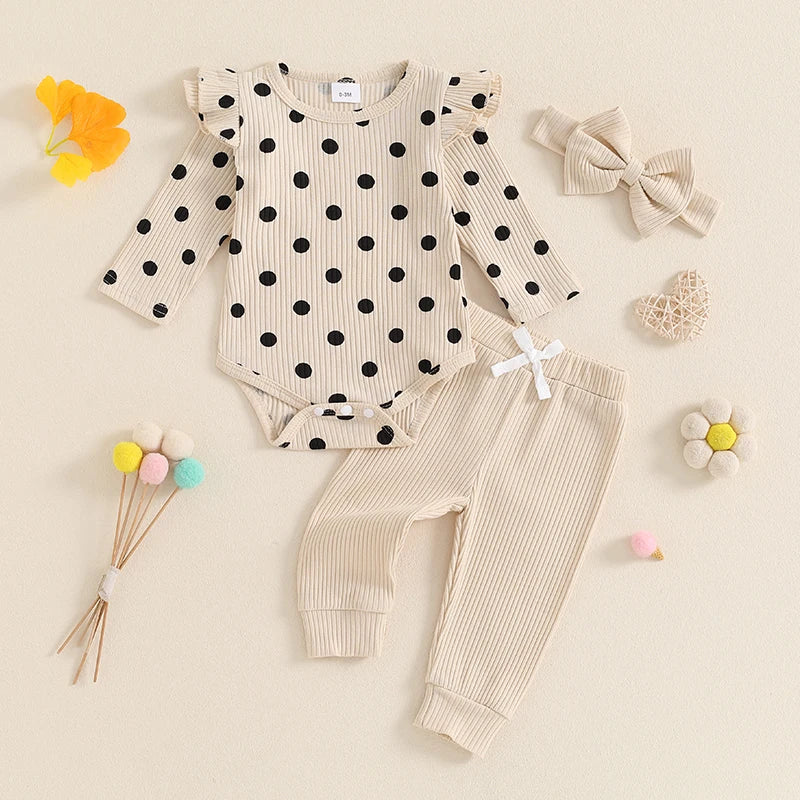 Baby Girls 3Pcs Fall Outfit Long Sleeve Polka Dots Print Romper with Pants and Headband Clothing Set