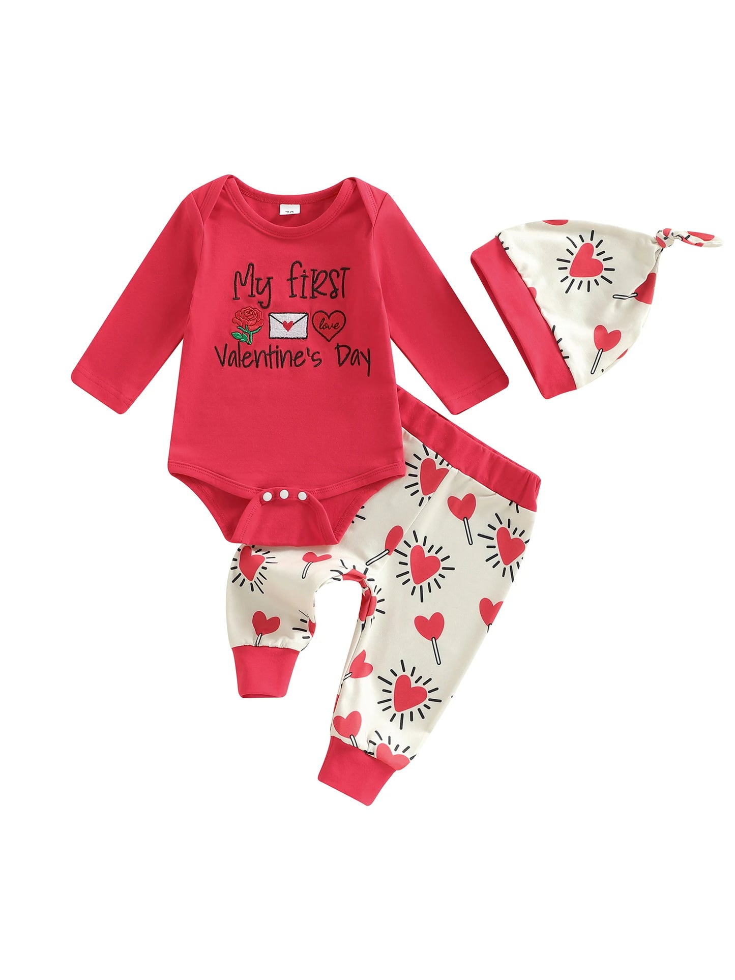 Baby Boy Girl 3Pcs My First Valentine's Day Outfit Letter Print Long Sleeve Romper Heart Candy Pattern Long Pants and Hat 3Pcs Set