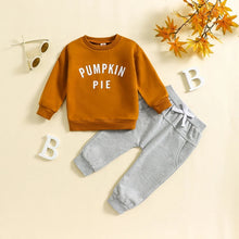 Load image into Gallery viewer, Baby Toddler Boys Girls 2Pcs Pumpkin Pie / I&#39;m Just Here For The Pie Set Letter Pie Print Long Sleeve Round Neck Top Drawstring Pockets Long Pants Outfit
