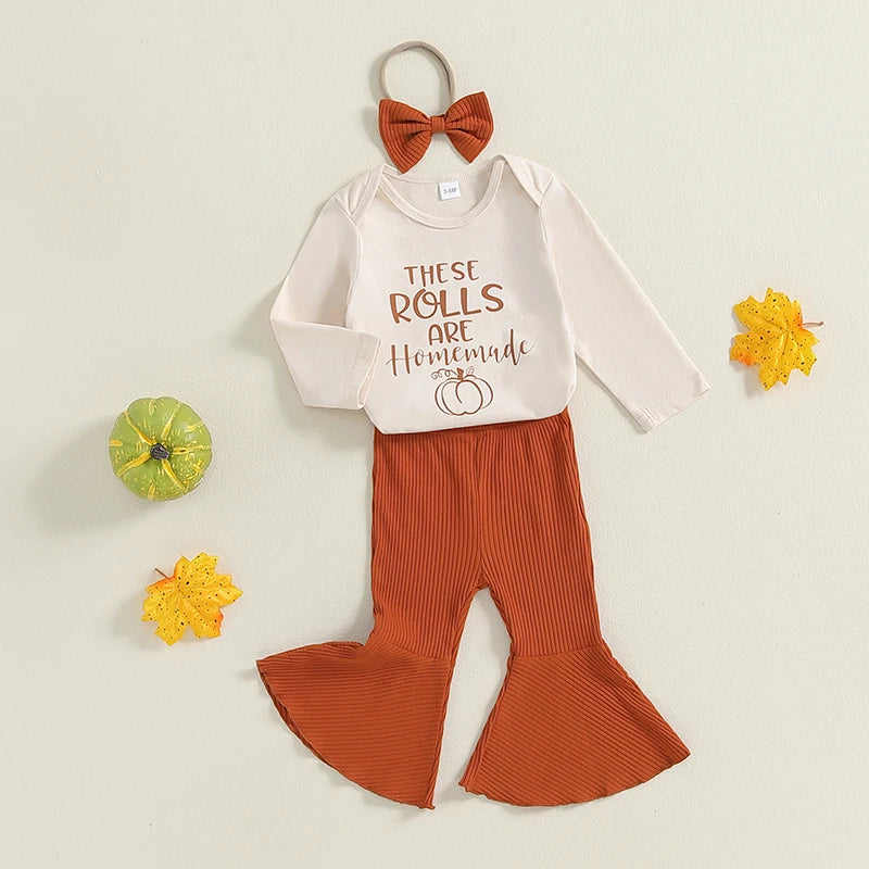 Baby Girls 3Pcs These Rolls Are Homemade Fall Set Letter Pumpkin Print Long Sleeve Romper Ribbed Flare Pants Hairband Outfit