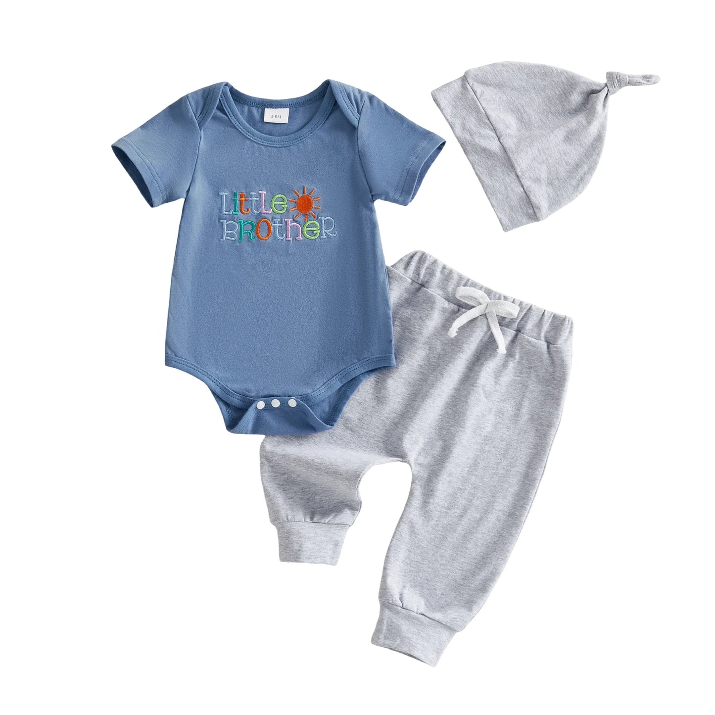 Baby Boys 3Pcs Little Brother Clothing Set Fashionable Short Sleeve Letters Embroidery Romper with Jogger Pants Hat Outfit