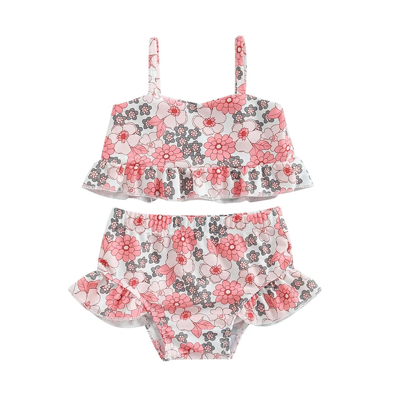Baby Toddler Girls 2Pcs Bikini Sets Scale/Shell/Floral Print Sleeveless Tank Top and Bottoms Bathing Suit Set