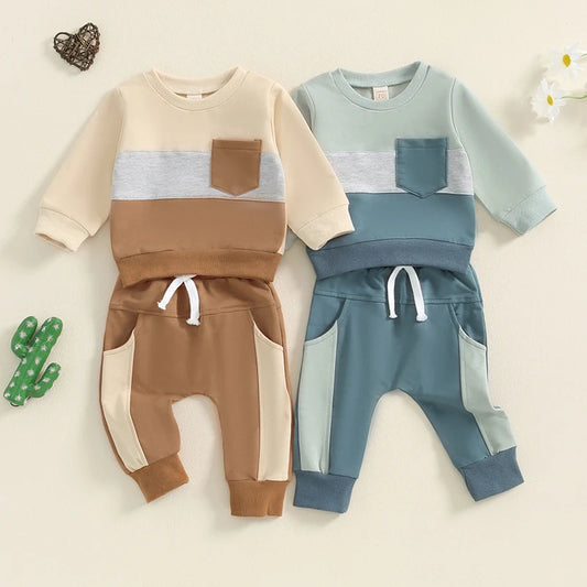 Baby Toddler Boys 2Pcs Track Suit Contrast Color Long Sleeve Top and Elastic Waist Pants Outfit Set