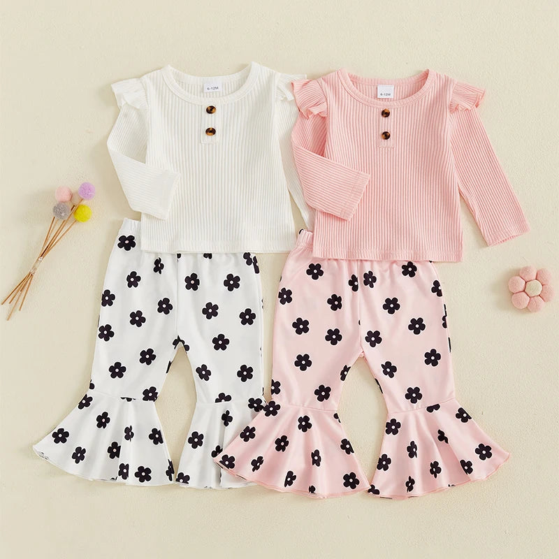 Baby Toddler Girl 2Pcs Fall Outfit Long Sleeve Ruffle Top + Floral Flower Flare Pants Set