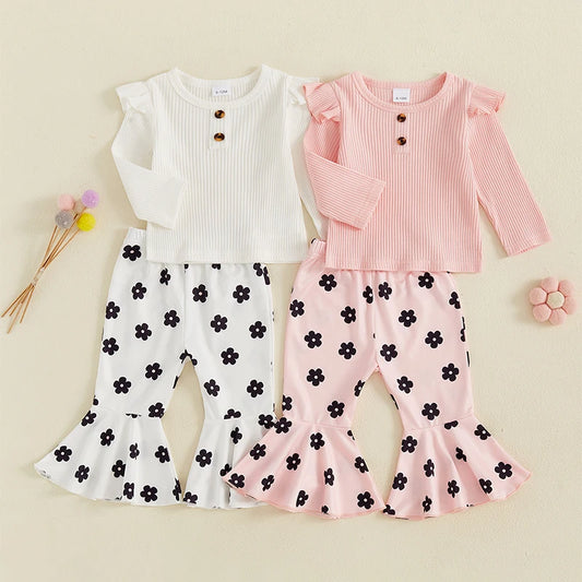 Baby Toddler Girl 2Pcs Fall Outfit Long Sleeve Ruffle Top + Floral Flower Flare Pants Set