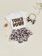 Baby Girls 3Pcs Touch Down Outfit Football Letter Print Romper Skirted Shorts Skort and Headband Bow Set