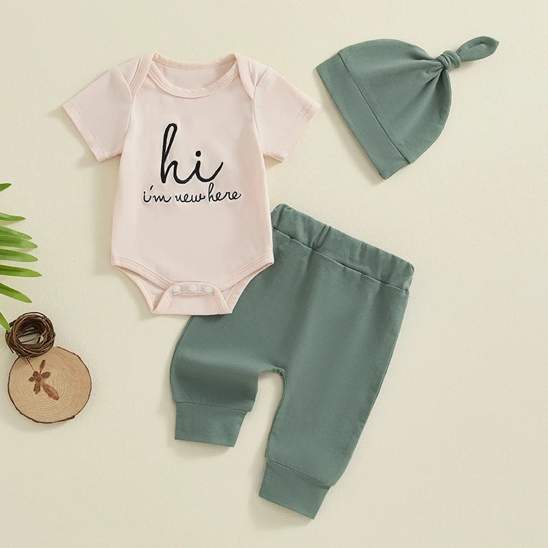 Baby Girl Boy 3Pcs Hi I'm New Here Outfit Letter Embroidery Short Sleeve Romper Elastic Waist Long Pants Hat Clothes Set