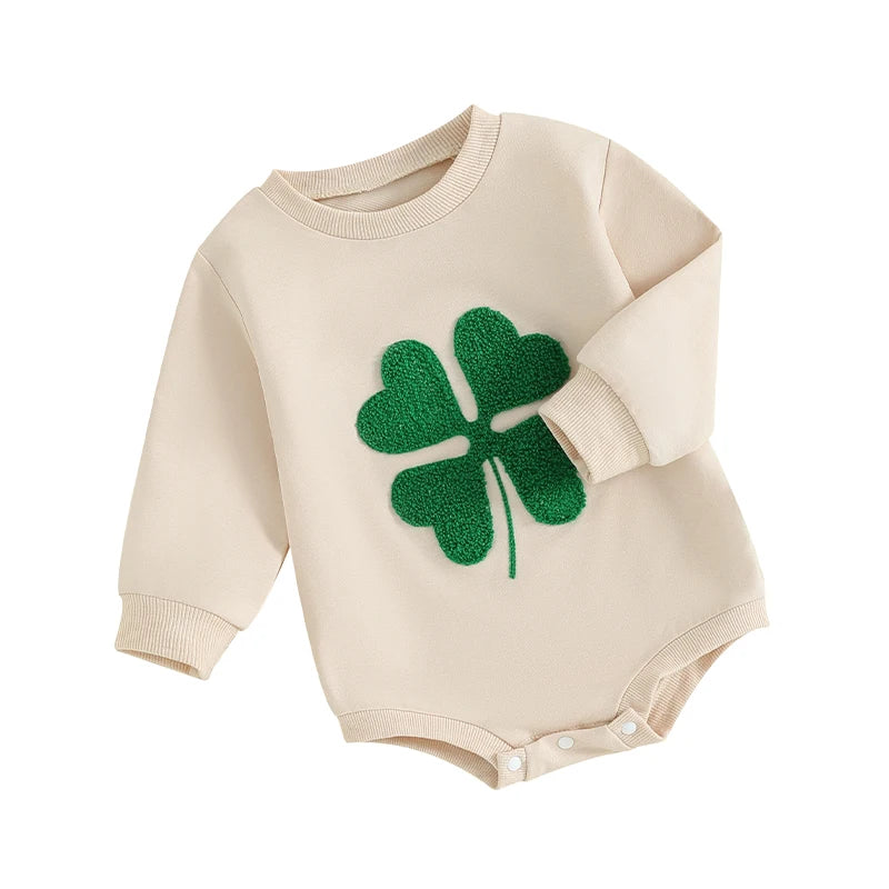 Baby Boy Girl St. Patrick's Day Four Leaf Clover Bubble Romper Spring Shamrock Jumpsuit