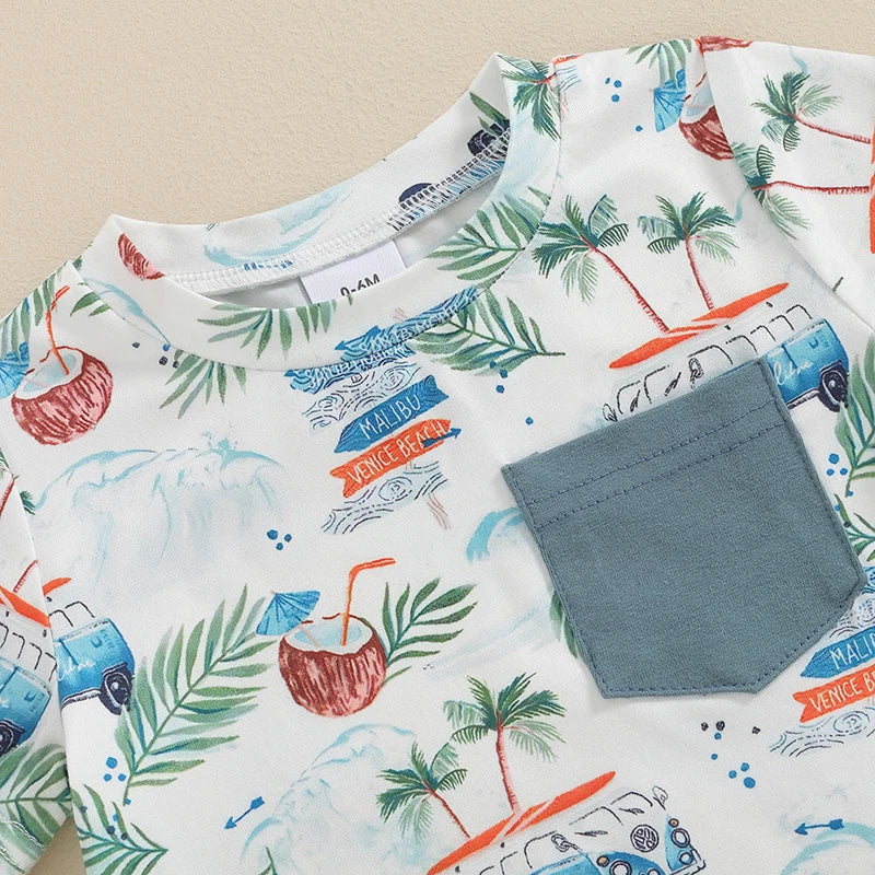 Baby Toddler Boys 2Pcs Summer Outfit Beach Style Palm Tree Coconut Van Surf Print Short Sleeve Top Elastic Waist Shorts Set