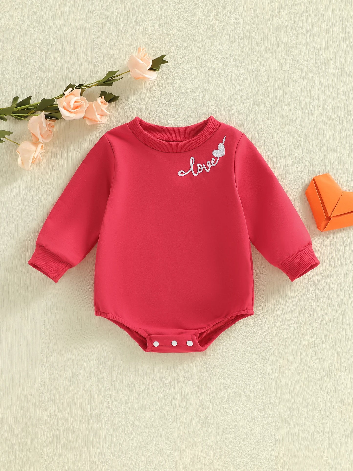 Baby Boys Girls Valentine's Day Bubble Romper Cute Fashionable Letters Love Heart Embroidery Long Sleeve Jumpsuit