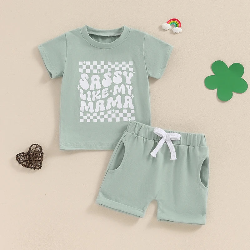 Baby Toddler Girls 2Pcs Sassy Like My Mama Clothes Set Green Short Sleeve Crewneck Letter Print Top Drawstring Shorts Set