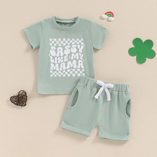 Baby Toddler Girls 2Pcs Sassy Like My Mama Clothes Set Green Short Sleeve Crewneck Letter Print Top Drawstring Shorts Set