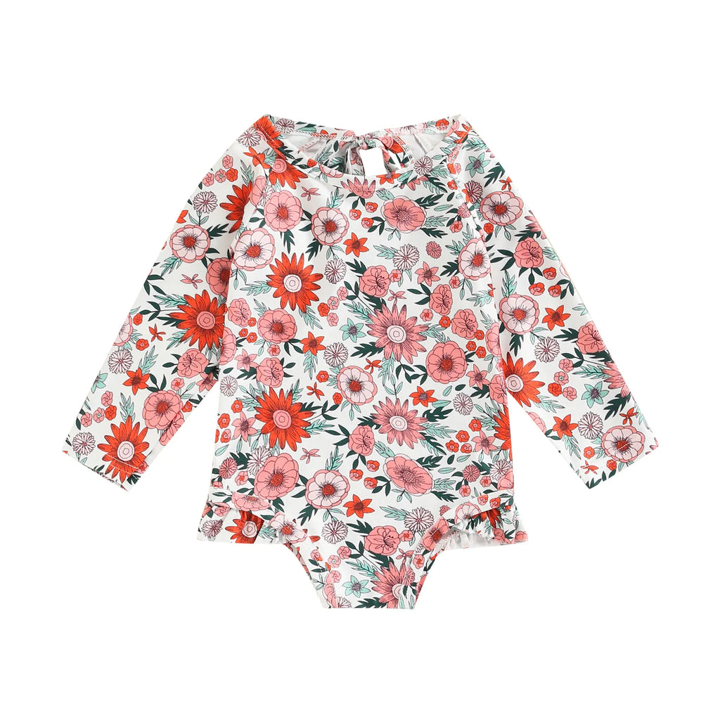 Long Sleeve Printed Ruffle Swimsuit