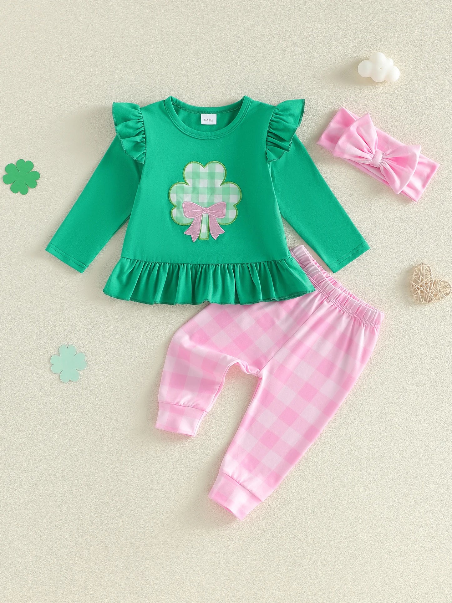 Baby Toddler Girls 3Pcs St. Patrick's Day Set Long Sleeve Clover Print Top Plaid Pant Headband Clothing Set