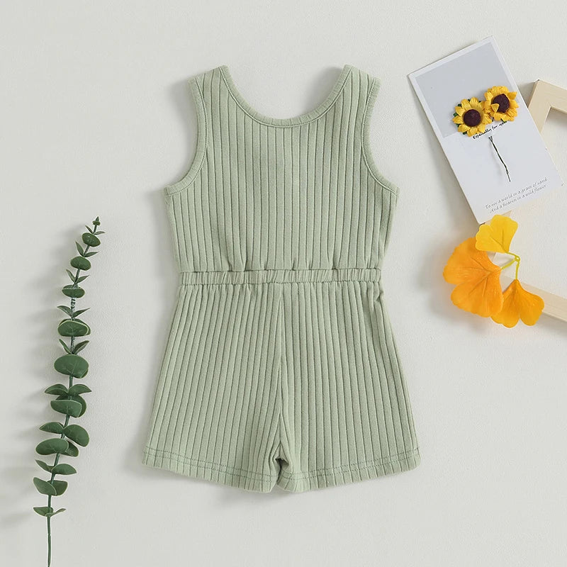 Baby Toddler Girls Ribbed Solid Color Tank Top Jumpsuit Button Down Romper