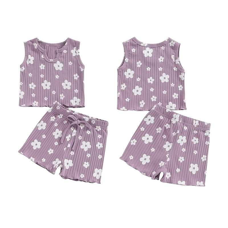 Baby Toddler Kids Girls 2PCS Sleeveless Round Neck Floral Flowers Print Tank Top with Elastic Waist Shorts Set