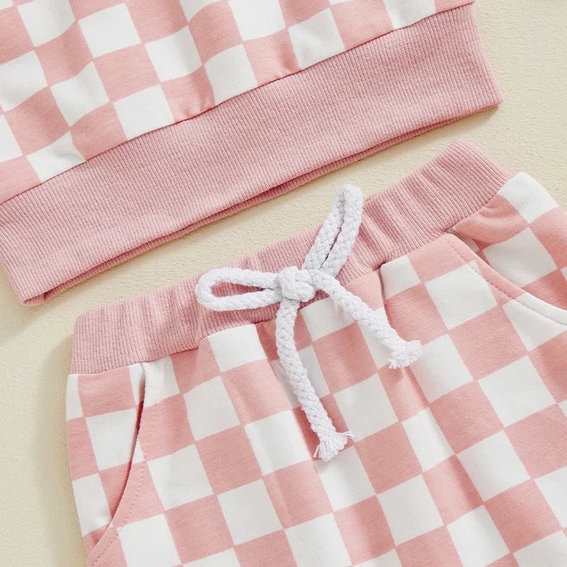 Baby Toddler Girls 2Pcs Fall Sets Long Sleeve O Neck Checkerboard Print Top Drawstring Pants Jogger Set
