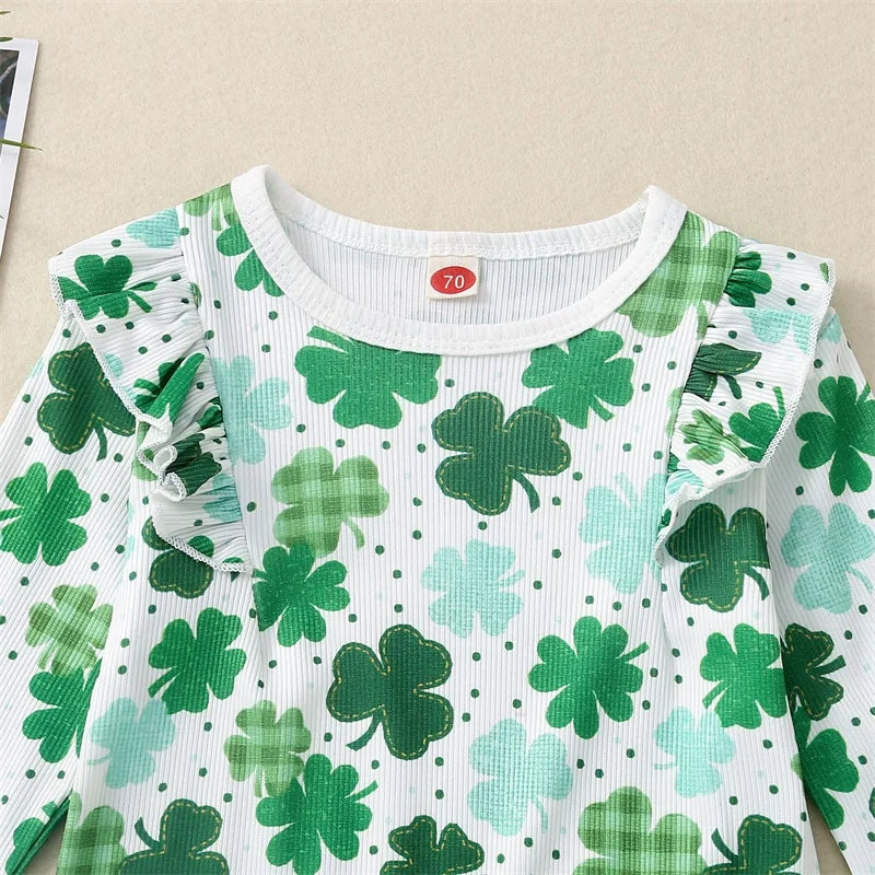 Baby Toddler Girl St. Patrick's Day Outfits Shamrock Clover Print Ruffle Romper Lucky Charm Jumpsuit