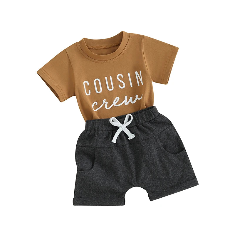 Toddler Baby Boy Girl 2Pcs Family Matching Cousin Crew Short Sleeve Letter Print Top + Elastic Waist Shorts Outfit Set