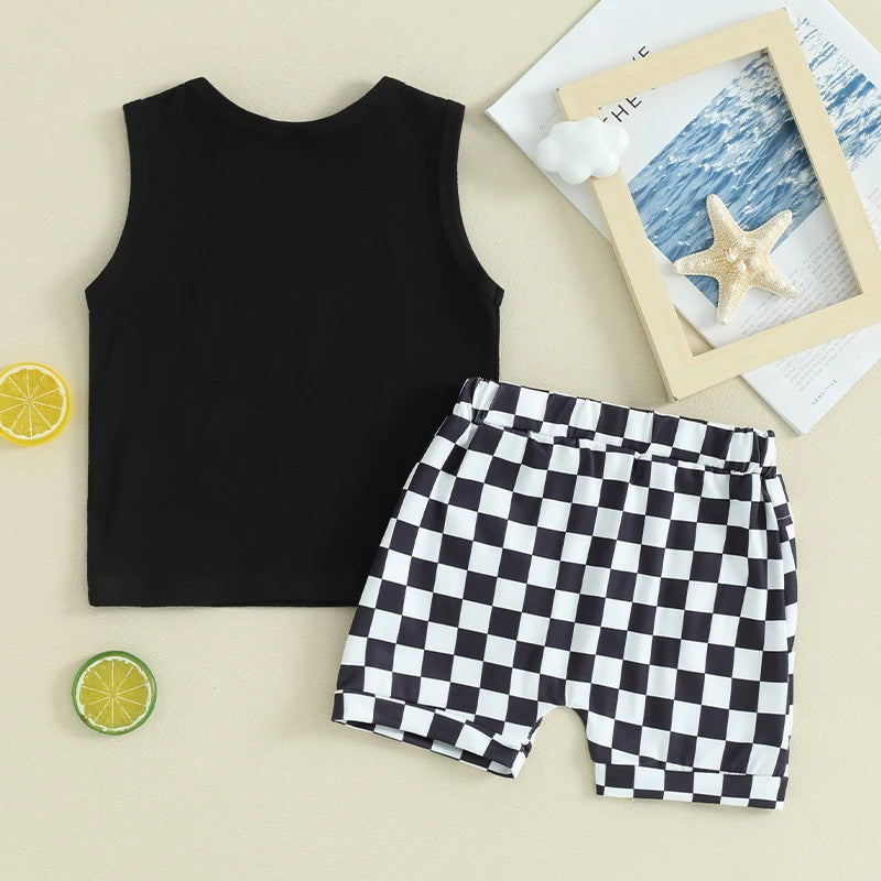 Baby Toddler Boys 2Pcs Beach Bum / The Beach Happy Place / Beach Calling Car Letter Print Sleeveless Tank Top and Checkered Elastic Waist Shorts Clothes Set Outfit