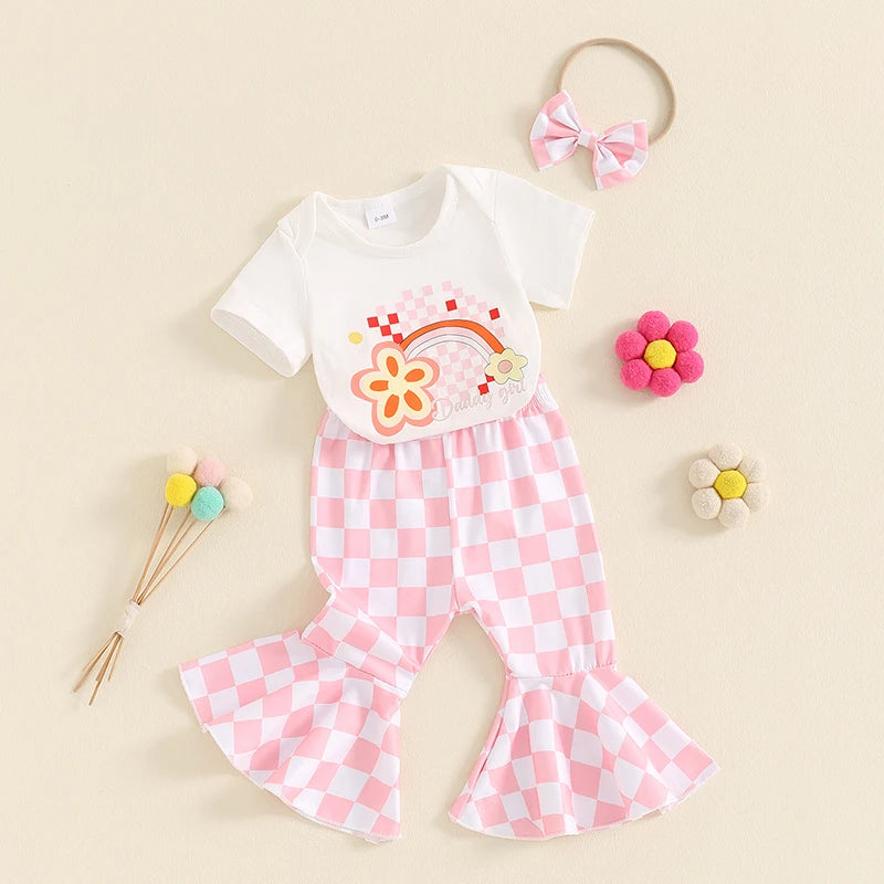 Baby Girls 3Pcs Summer Outfit Floral Rainbow Print Short Sleeve Romper and Checkered Flare Pants Headband Bow Clothes Set