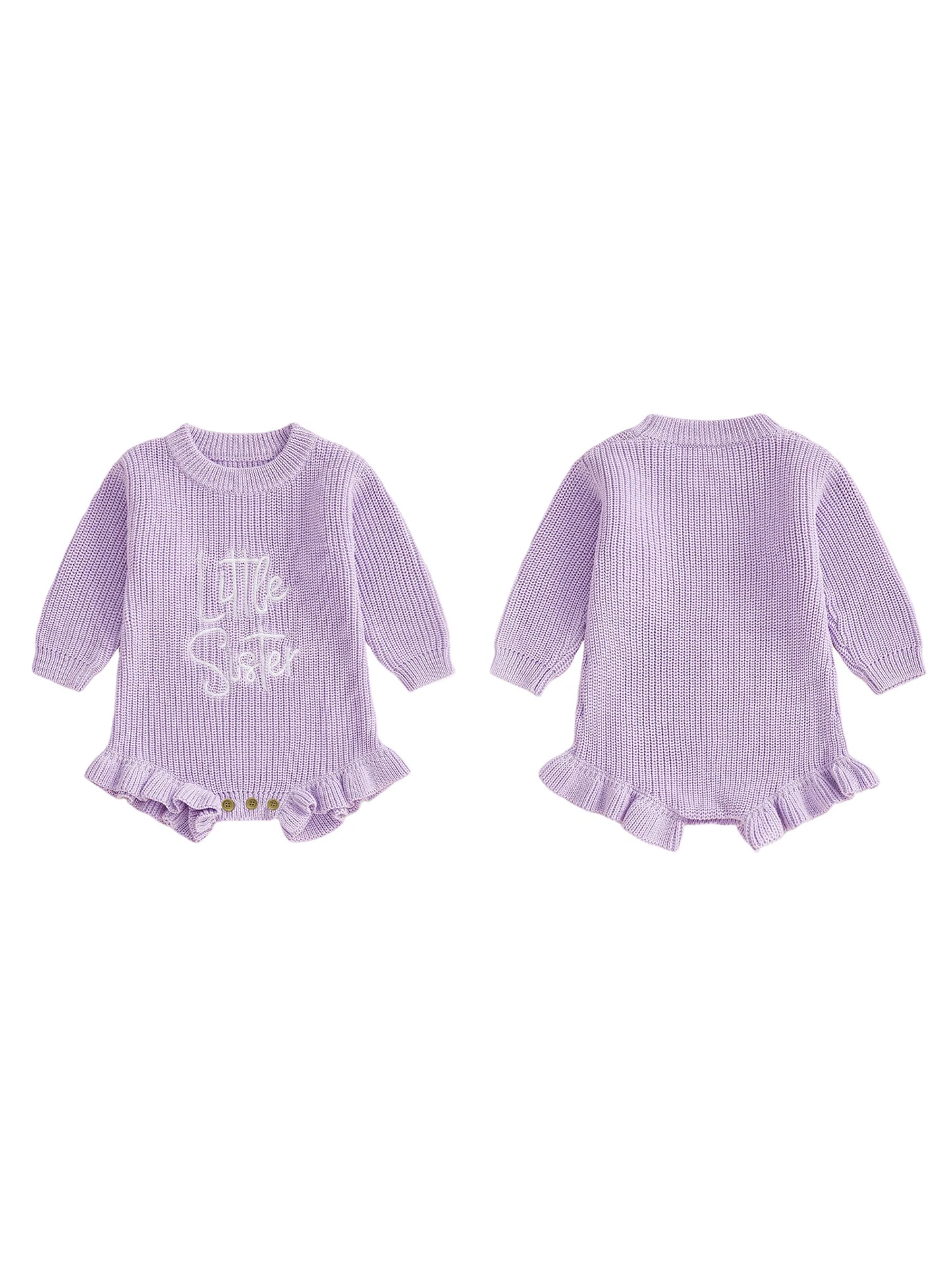 Baby Girl Sweater Romper Little Sister Long Sleeve Round Neck Letter Embroidery Knit Bodysuit