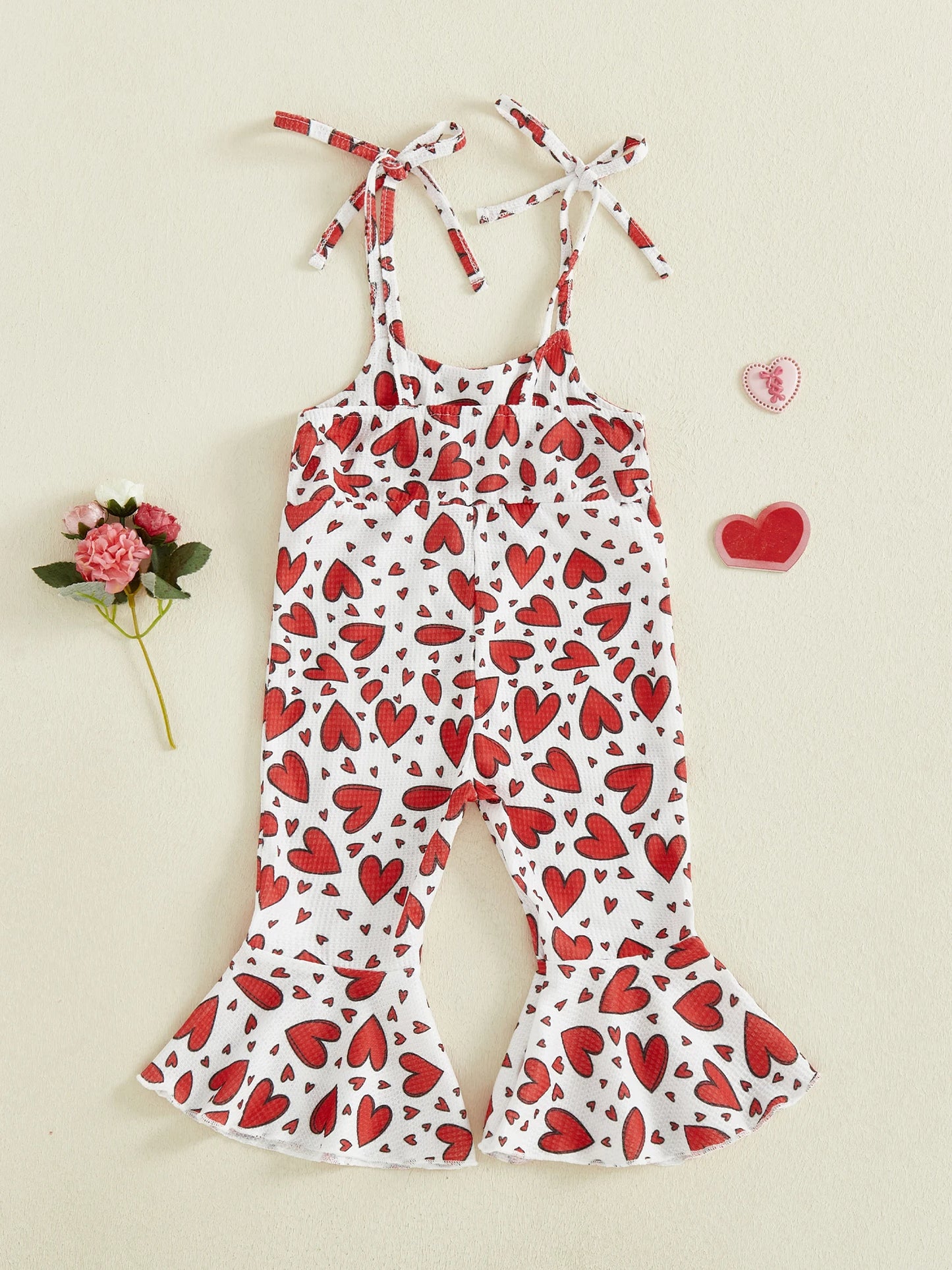 Toddler Kids Girls Valentine's Day Jumpsuit Sleeveless Tie Shoulder Straps Heart Print Romper Bell Bottoms
