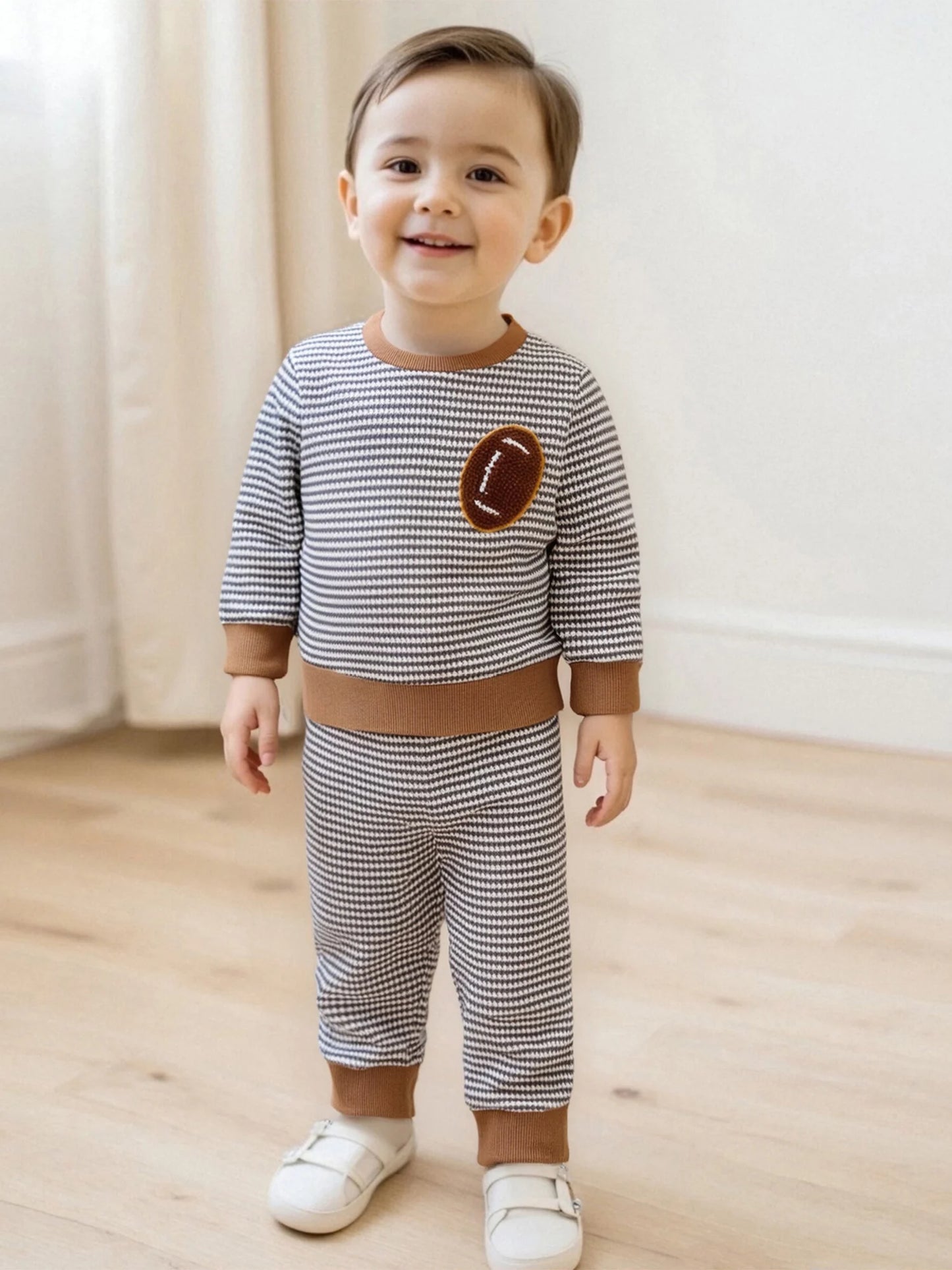 Baby Toddler Boys 2Pcs Autumn Long Sleeve O Neck Football Embroidery Top Striped Pants Jogger Set
