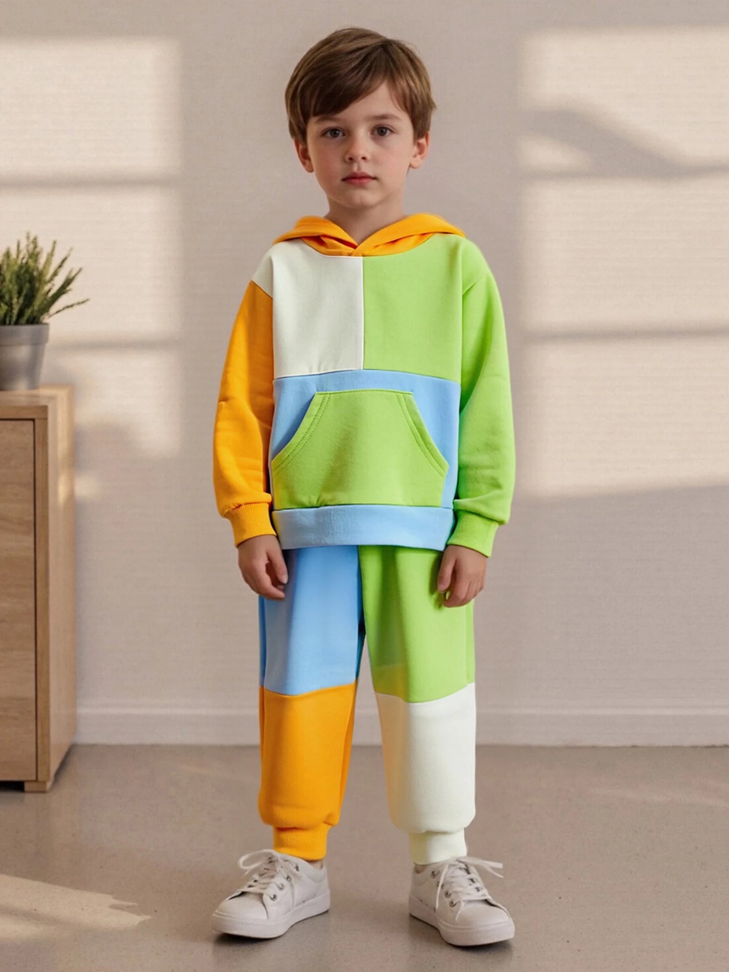 Baby Toddler Boys Girls 2Pcs Fall Outfit Loose Fit Contrast Color Long Sleeve Hoodie and Pants Jogger Set