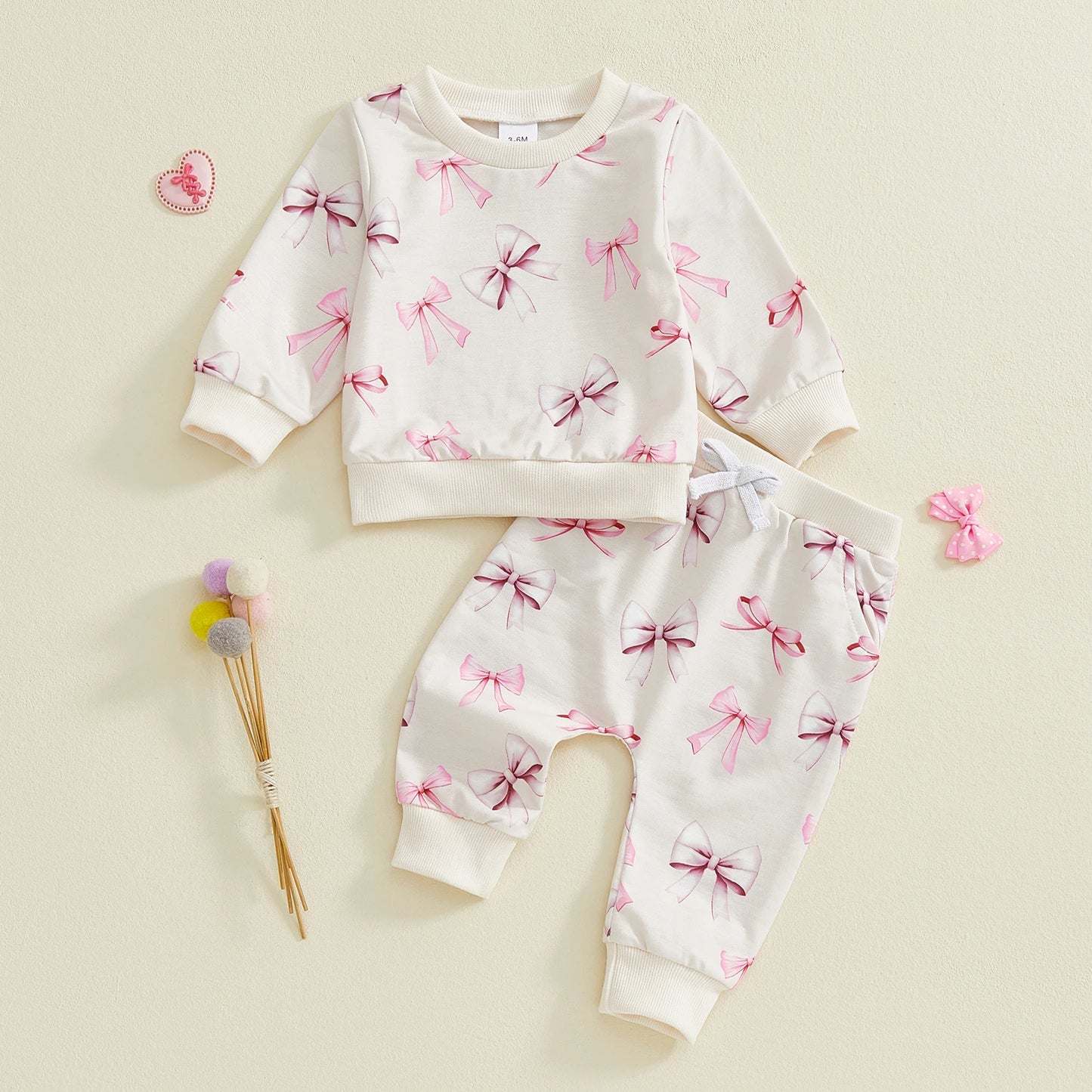 Baby Toddler Girls 2Pcs Spring Outfits Bow Print Long Sleeve Round Neck Pullover Top Elastic Waist Long Pants Jogger Set