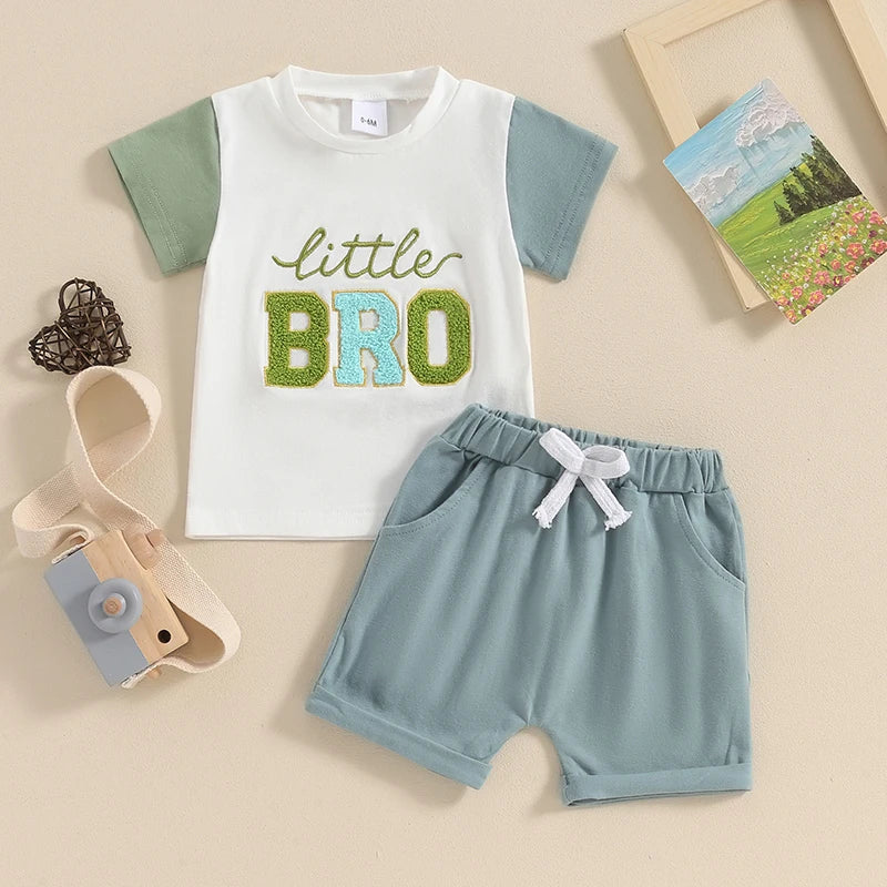 Baby Toddler Kids Boys 2Pcs Little Big Bro Brothers Matching Clothes Set Short Sleeve Embroidery Letters Top with Elastic Waist Shorts Set Summer Outfit