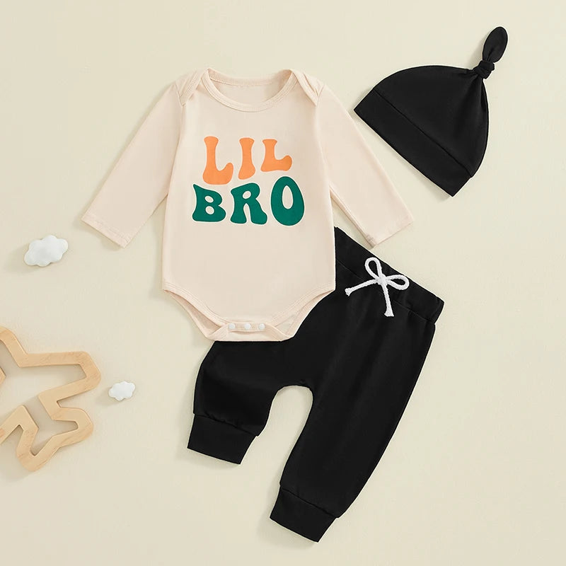 Baby Boys 3Pcs Lil Bro Outfit Letter Print Long Sleeve Romper Elastic Waist Pants Hat Set