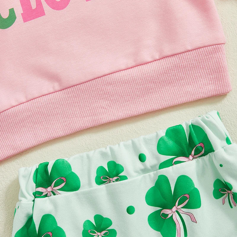 Baby Toddler Girls 3Pcs Daddy's Lucky Charm / Lucky Clover Spring Outfit Long Sleeve Top + Shamrock Pants + Headband Bow Set Clothes St. Patrick's Day