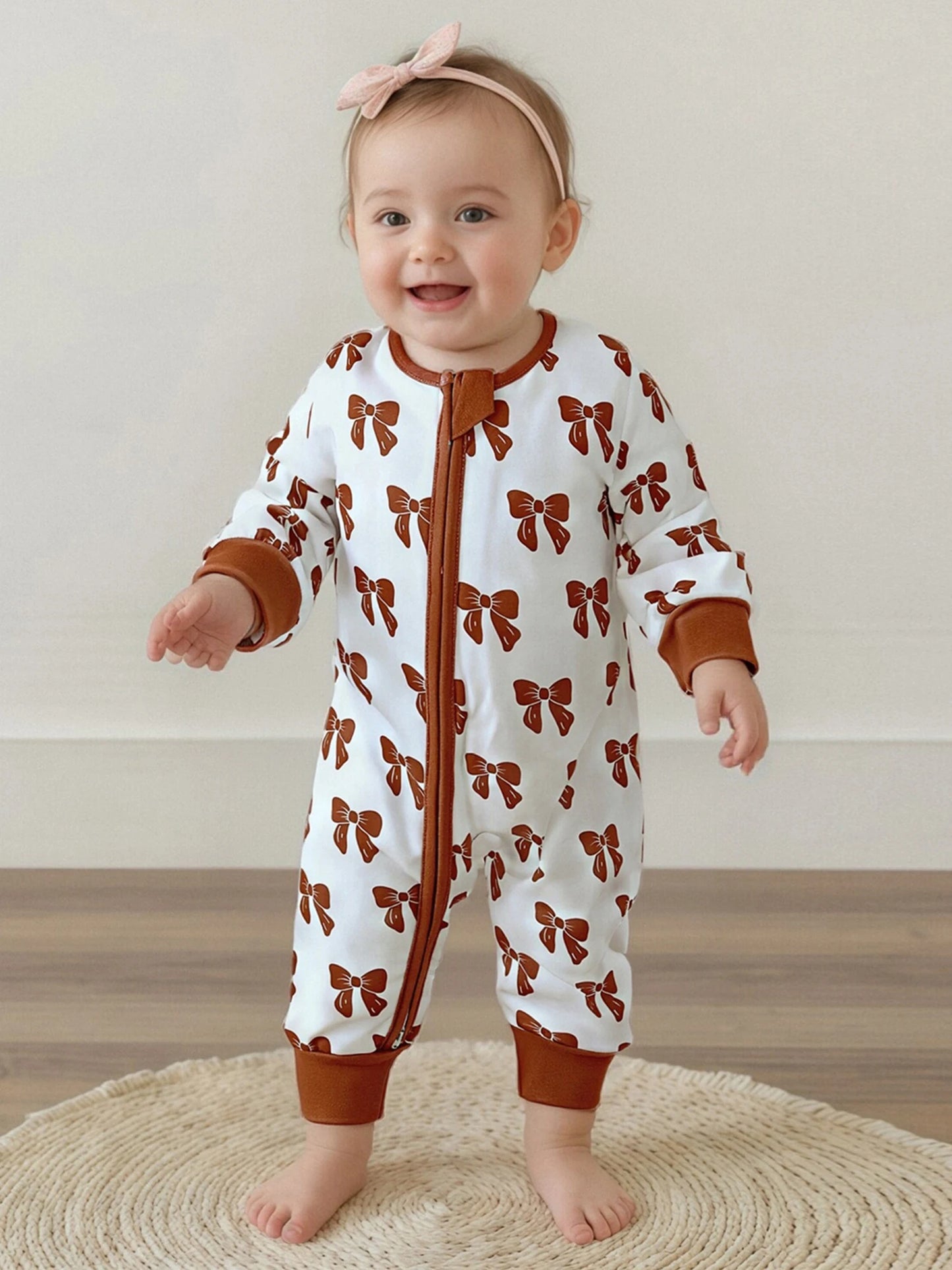 Baby Girl Zipper Romper Long Sleeve Round Neck Bow Print Jumpsuit