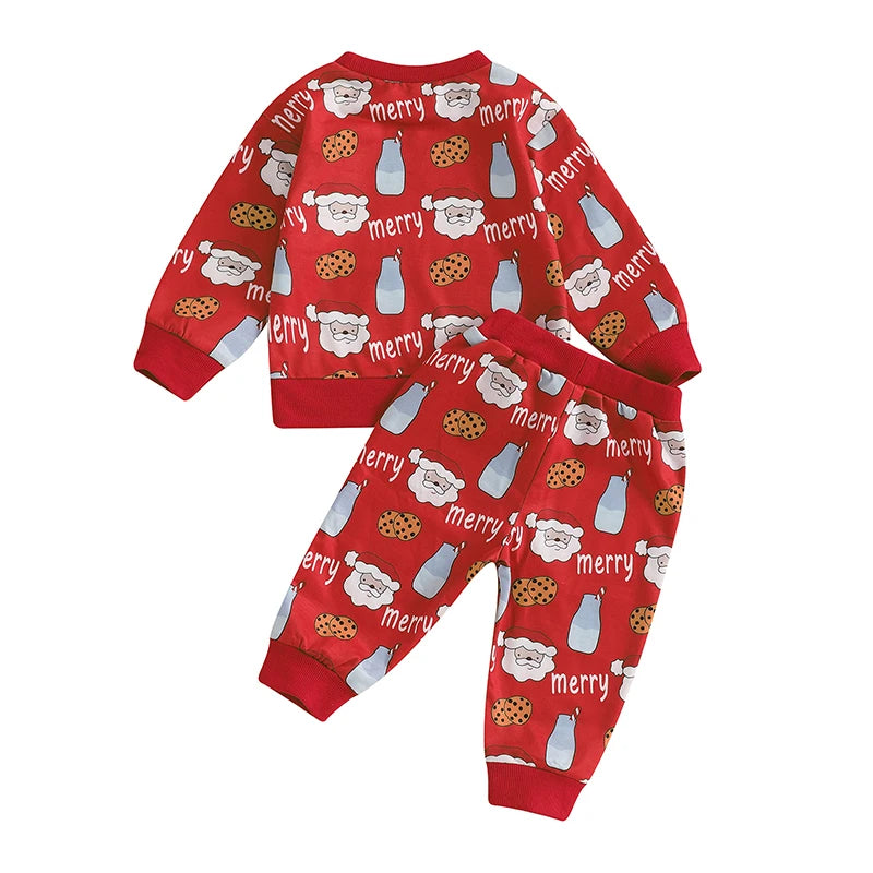 Baby Toddler Boys Girls 2Pcs Christmas Jogger Set Long Sleeve Round Neck Milk Cookies Merry Santa Claus Print Top Pants Outfit