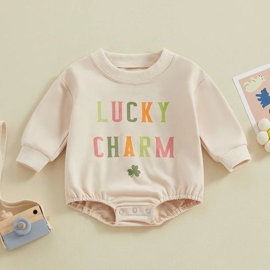 Baby Toddler Girl Boy St. Patrick's Day Bubble Romper Long Sleeve Lucky Charm Shamrock Print Clover Jumpsuit