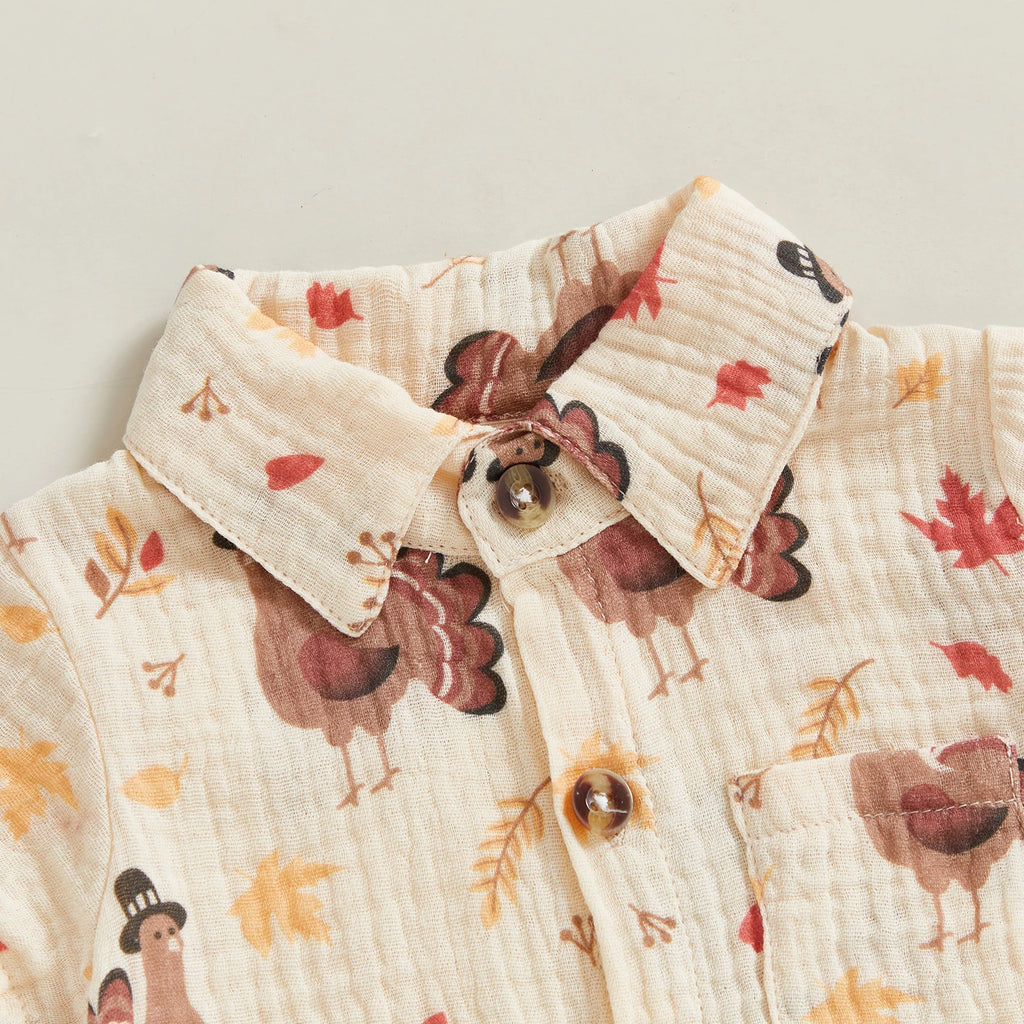 Baby Toddler Boys 2Pcs Thanksgiving Outfit Turkey Short Sleeve Button-up Shirt Elastic Waist Shorts Set