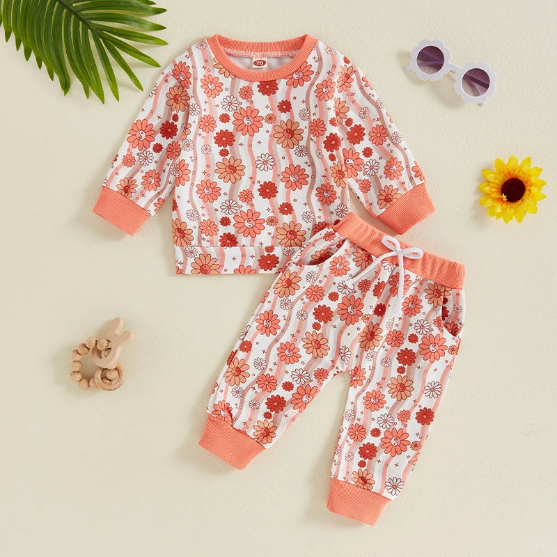 Baby Toddler Girls 2Pcs Long Sleeve O Neck Floral Flower Print Top Drawstring Pants Outfit Set