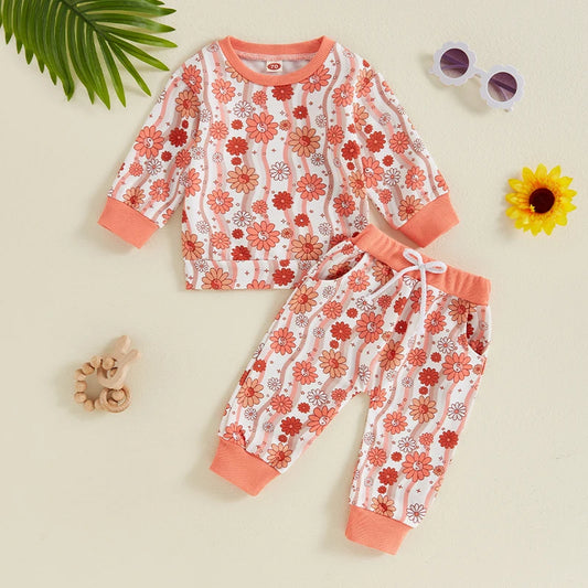 Baby Toddler Girls 2Pcs Long Sleeve O Neck Floral Flower Print Top Drawstring Pants Outfit Set