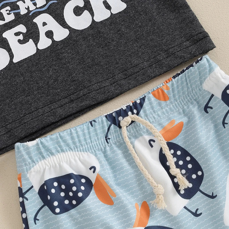 Baby Toddler Boys 2Pcs Finders Keepers / Take Me To The Beach Short Sleeve Letter Print Top and Drawstring Shorts Set