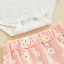 Load image into Gallery viewer, Baby Girl 3Pcs Daddy’s Girl Short Sleeve Romper Flower Ruffle Shorts Headband Outfit Set
