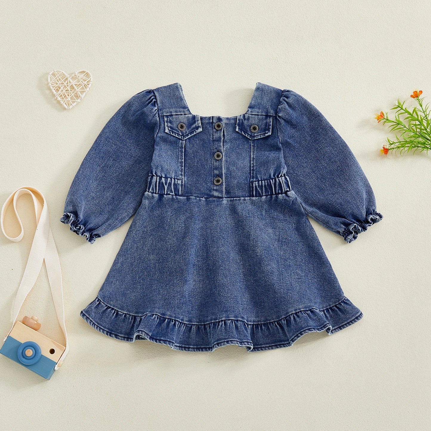 Baby Toddler Girl Denim Dress Long Puff Sleeve Button Down A-Line Dress Ruffle Dress