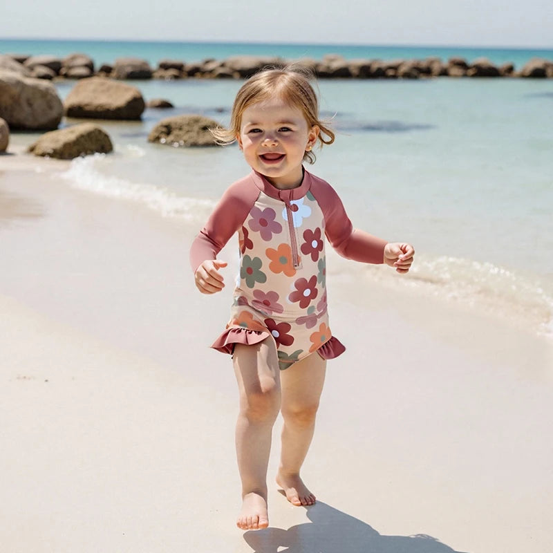 Baby Toddler Girls 2Pcs Summer Swimsuit Set Flower Bow Print Zip-up Rash Guard Long Sleeve Swim Top and Shorts Bathing Suit